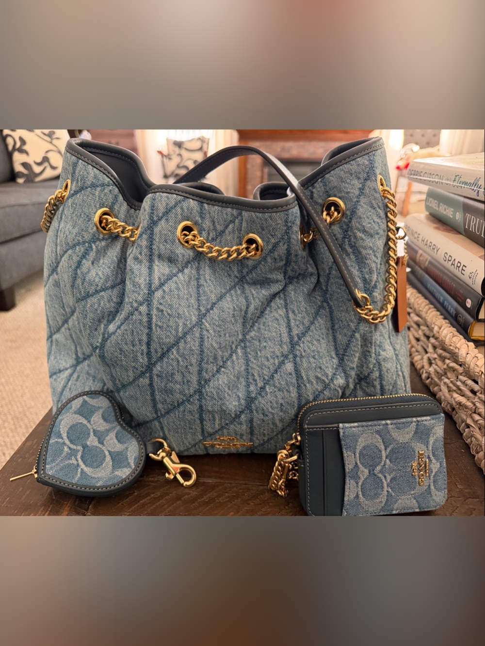 Coach Evelyn (Quilted Denim Drawstring Tote with Gold Chain Accents - Blue denim